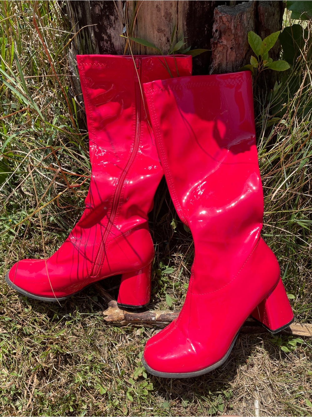 Red Patent Mid-Calf Block Heel Boots - Women
